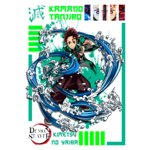 Imagem do personagem Kamado Tanjiro do anime Demon Slayer, exibindo uma técnica de combate com ondas de água ao seu redor. O fundo é verde, destacando o personagem e o logotipo da série "Kimetsu no Yaiba".