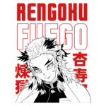 Ilustração do personagem Rengoku de "Demon Slayer", com cabelo desgrenhado e expressão confiante, acompanhada de texto em vermelho e preto com as palavras "FUEGO" e "REN" em destaque.