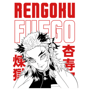 Ilustração do personagem Rengoku de "Demon Slayer", com cabelo desgrenhado e expressão confiante, acompanhada de texto em vermelho e preto com as palavras "FUEGO" e "REN" em destaque.