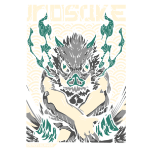 Ilustração do personagem Inosuke de Demon Slayer, com cabelo espesso e máscara de javali, em pose desafiadora. O fundo apresenta um padrão ondulado, destacando a força e a personalidade do personagem.