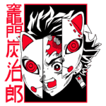 Ilustração de um personagem com uma máscara de raposa, apresentando um design estilizado em preto, vermelho e branco, com expressões intensas e detalhes marcantes. O fundo contém caracteres em vermelho.