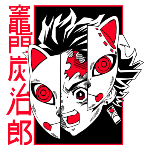 Ilustração de um personagem com uma máscara de raposa, apresentando um design estilizado em preto, vermelho e branco, com expressões intensas e detalhes marcantes. O fundo contém caracteres em vermelho.