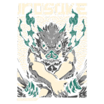 Ilustração de Inosuke, personagem de "Demon Slayer", com um fundo de padrões ondulados. Ele está com uma expressão feroz, braços cruzados e usa uma máscara de javali, destacando seu estilo de luta e personalidade.