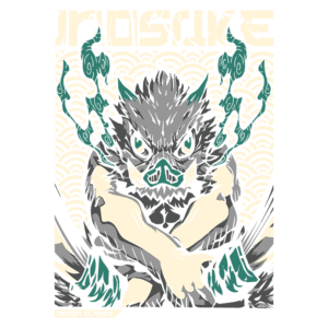 Ilustração de Inosuke, personagem de "Demon Slayer", com um fundo de padrões ondulados. Ele está com uma expressão feroz, braços cruzados e usa uma máscara de javali, destacando seu estilo de luta e personalidade.