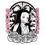 Imagem de Nezuko, personagem do anime Demon Slayer, com cabelos longos e escuros, usando uma faixa na boca. O fundo apresenta rosas e folhas estilizadas, com texto em japonês e português. Ideal para fãs de anime e cultura pop.
