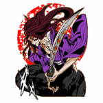 Personagem de anime com cabelo longo e roxo, vestindo uma roupa tradicional japonesa, segurando uma espada decorada com olhos. O fundo apresenta um círculo vermelho com detalhes gráficos, acrescentando um toque dinâmico à imagem.