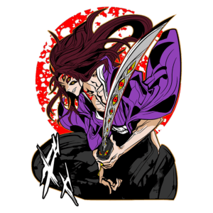 Personagem de anime com cabelo longo e roxo, vestindo uma roupa tradicional japonesa, segurando uma espada decorada com olhos. O fundo apresenta um círculo vermelho com detalhes gráficos, acrescentando um toque dinâmico à imagem.