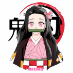 Personagem Nezuko de Demon Slayer, com cabelos longos e escuros, olhos rosa e um pano verde na boca. Ela usa um kimono colorido e está em um fundo com símbolos japoneses.