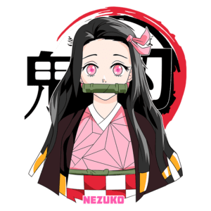 Personagem Nezuko de Demon Slayer, com cabelos longos e escuros, olhos rosa e um pano verde na boca. Ela usa um kimono colorido e está em um fundo com símbolos japoneses.