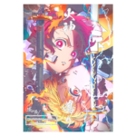 Ilustração de personagens de anime com cabelos coloridos e espadas, destacando elementos de fogo e eletricidade, representando temas de batalha e poder.