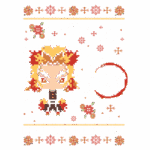 Ilustração pixelada do personagem Kyojuro Rengoku de Demon Slayer, com fundo verde, elementos festivos e flores.