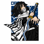 Personagem de anime com cabelo preto e roupas listradas em preto e branco, segurando uma katana. Ele tem uma expressão determinada e está acompanhado de uma pequena cobra branca. O fundo apresenta uma textura azul, destacando o personagem.
