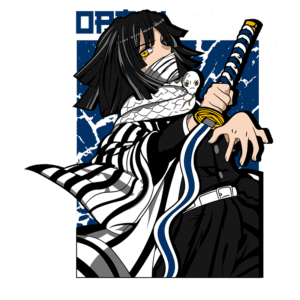 Personagem de anime com cabelo preto e roupas listradas em preto e branco, segurando uma katana. Ele tem uma expressão determinada e está acompanhado de uma pequena cobra branca. O fundo apresenta uma textura azul, destacando o personagem.