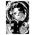 Imagem do personagem principal de "Demon Slayer", com uma expressão determinada, destacando seu lado humano e demoníaco, em um estilo de arte em preto e branco.