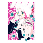 Ilustração de Enmu, personagem de anime, com cabelo rosa e azul, vestindo um terno preto. Ela faz um gesto com a mão, mostrando detalhes intrigantes como olhos e uma boca no desenho, com fundo colorido em tons de rosa.