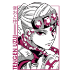Ilustração do personagem Tengen Uzui, do anime "Demon Slayer", com cabelo longo e adornos no estilo japonês. Ele usa um traje colorido e exibe uma expressão determinada, destacando-se com detalhes em rosa e preto.