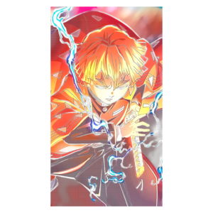 Imagem de um personagem de anime com cabelo laranja, usando uma roupa tradicional japonesa, cercado por raios azuis. O personagem parece concentrado, segurando uma espada em uma pose dinâmica. O fundo é colorido, refletindo uma atmosfera intensa e energética.