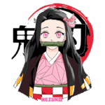 Ilustração da personagem Nezuko, do anime "Demon Slayer", com cabelo longo e preto, olhos rosa e um pano verde na boca. Ela usa um traje tradicional japonês, destacando detalhes em rosa e vermelho. O fundo apresenta um símbolo estilizado do anime.