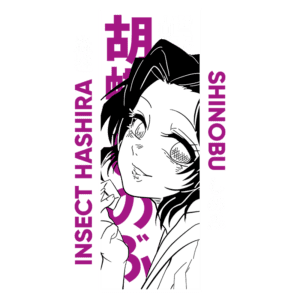 Ilustração de Shinobu, a Hashira Inseto, com um design estilizado em preto e branco, destacando seu sorriso e características marcantes. Texto em destaque inclui "INSECT HASHIRA" e "しのぶ".