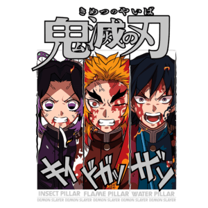 Três pilares de Demon Slayer: Inseto, Chama e Água, retratados em estilo de anime, com expressões intensas e detalhes sangrentos, destacando a luta contra demônios.