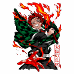 Personagem de anime com cabelo vermelho e expressão determinada, vestindo uma roupa preta e um manto xadrez verde. Ele está brandindo uma espada, rodeado por chamas laranjas e com sangue nas mãos, simbolizando sua luta contra demônios.