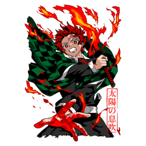 Personagem de anime com cabelo vermelho e expressão determinada, vestindo uma roupa preta e um manto xadrez verde. Ele está brandindo uma espada, rodeado por chamas laranjas e com sangue nas mãos, simbolizando sua luta contra demônios.
