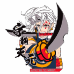 Personagem de anime com cabelo branco e bandana, segurando uma espada grande, inspirado na série "Kimetsu no Yaiba". O fundo é verde e há elementos gráficos em japonês.