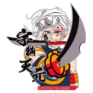 Personagem de anime com cabelo branco e bandana, segurando uma espada grande, inspirado na série "Kimetsu no Yaiba". O fundo é verde e há elementos gráficos em japonês.
