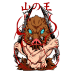 Ilustração de um personagem com cabeça de javali, segurando duas armas afiadas, com detalhes sangrentos e olhos azuis intensos. O design é inspirado em temas de ação e fantasia, com elementos de arte japonesa.