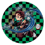 Personagem em ação de Demon Slayer, segurando uma espada e cercado por água em um fundo de tabuleiro xadrez verde e preto.