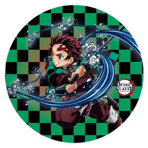 Personagem em ação de Demon Slayer, segurando uma espada e cercado por água em um fundo de tabuleiro xadrez verde e preto.