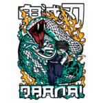 Ilustração de um personagem em um traje de combate, correndo em direção à frente, com uma cobra gigante e feroz atrás dele. O fundo apresenta chamas e elementos aquáticos, enquanto o texto em destaque traz o nome "O DANA!" em estilo gráfico.