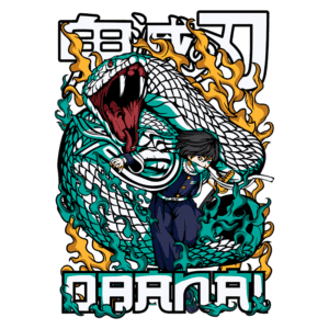 Ilustração de um personagem em um traje de combate, correndo em direção à frente, com uma cobra gigante e feroz atrás dele. O fundo apresenta chamas e elementos aquáticos, enquanto o texto em destaque traz o nome "O DANA!" em estilo gráfico.