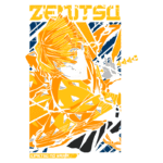 Ilustração do personagem Zenitsu, de "Kimetsu no Yaiba", com cabelo amarelo e vestindo um traje laranja com padrões. Ele segura uma espada e está envolto em correntes, transmitindo uma sensação de movimento e ação. O fundo é composto por cores vibrantes, destacando o personagem.