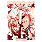 Imagem estilizada do personagem Rengoku de "Kimetsu no Yaiba", segurando uma espada com detalhes em vermelho e preto, destacando sua expressão determinada e cabelos volumosos.