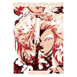 Imagem estilizada do personagem Rengoku de "Kimetsu no Yaiba", segurando uma espada com detalhes em vermelho e preto, destacando sua expressão determinada e cabelos volumosos.