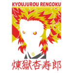 Imagem do personagem Kyoujurou Rengoku, da série de anime "Demon Slayer", com cabelo vermelho e amarelo, olhos intensos e uma expressão determinada. O fundo é colorido em tons vibrantes, destacando o nome do personagem em português e japonês. Ideal para fãs de anime e cultura pop japonesa.