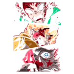 Três personagens expressando emoções intensas em uma cena dramática, com sangue e efeitos de movimento, destacando a tensão e a ação.