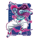 Personagem de anime com pele azul e listras, vestindo um traje tradicional branco e uma capa roxa. Ele está em uma pose de ação, com cabelos rosa e acessórios coloridos, em um fundo gráfico vibrante.