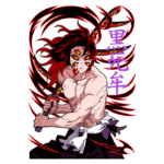 Personagem de anime com cabelo vermelho e olhos múltiplos, empunhando uma espada, cercado por chamas estilizadas. A imagem destaca a intensidade e a força do personagem, que apresenta um visual marcante e ameaçador.