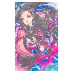 Personagem feminina de anime com cabelo longo e escuro, vestindo um quimono rosa, segurando uma katana. Ela está cercada por efeitos coloridos e místicos, criando uma atmosfera dinâmica e vibrante.