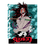 Ilustração do personagem KOKUSHIBO de "Demon Slayer", com cabelos longos e vermelhos, segurando uma katana, em um fundo azul com ondas. O design destaca os detalhes do rosto e a roupa do personagem, incluindo elementos de estilo japonês.