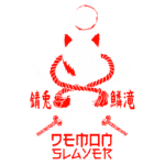 Imagem com um design gráfico que apresenta uma cabeça de gato estilizada, envolta em uma corda vermelha, com duas espadas cruzadas ao fundo. O gato possui uma expressão séria e uma marca vermelha no rosto. O texto em japonês e português complementa a arte, evocando elementos de cultura pop e anime. Ideal para fãs de design gráfico e ilustrações inspiradas em temas de aventura e ação.