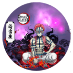 Imagem de um personagem do anime "Demon Slayer" sentado em uma pose relaxada, com cabelo rosa e corpo tatuado. O fundo apresenta cores roxas e sombras, criando uma atmosfera mística. O personagem está cercado por chamas e nuvens escuras, destacando sua presença.