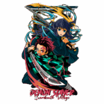 Ilustração dos personagens principais de Demon Slayer, da Vila dos Ferreiros, com Tanjiro e Mitsuri em ação, destacando suas espadas e trajes tradicionais. Design vibrante com elementos de movimento e cores intensas.