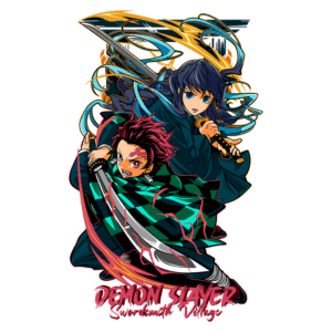 Ilustração dos personagens principais de Demon Slayer, da Vila dos Ferreiros, com Tanjiro e Mitsuri em ação, destacando suas espadas e trajes tradicionais. Design vibrante com elementos de movimento e cores intensas.
