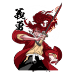 Personagem de anime com cabelo vermelho e espada flamejante, vestindo um manto vermelho e uma camisa amarela, posicionado em frente a uma lua cheia, evocando uma atmosfera de ação e aventura.