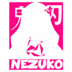 Ilustração de Nezuko, personagem do anime "Demon Slayer", com cabelo longo e uma faixa na cabeça, vestindo um kimono colorido e usando uma máscara. Fundo rosa vibrante com o nome "NEZUKO" em letras grandes.
