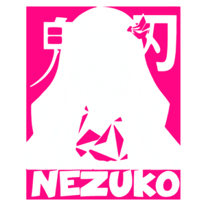 Ilustração de Nezuko, personagem do anime "Demon Slayer", com cabelo longo e uma faixa na cabeça, vestindo um kimono colorido e usando uma máscara. Fundo rosa vibrante com o nome "NEZUKO" em letras grandes.
