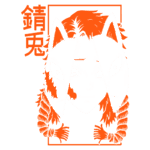 Ilustração de uma figura com cabelo laranja e duas máscaras, uma com expressão amigável e outra com expressão sombria, simbolizando dualidade. O fundo apresenta caracteres chineses estilizados, complementando o tema artístico.